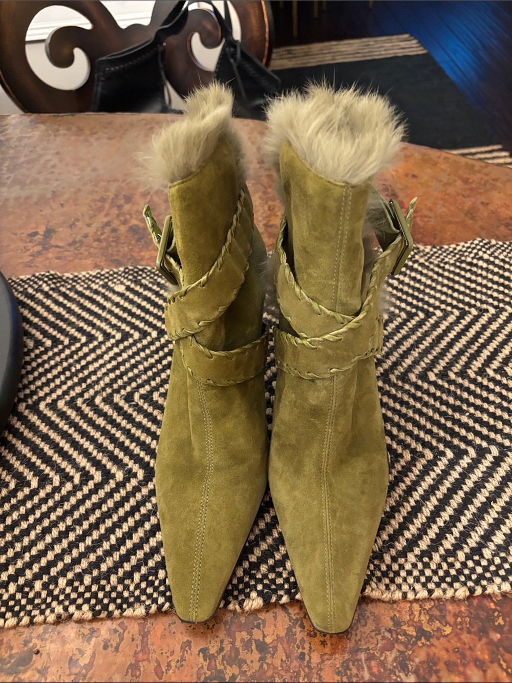 ANTONIO MELANI Olive Suede Fur-Trim Ankle Boots